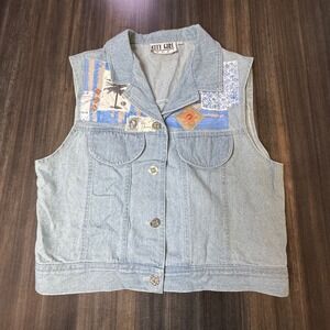 City Girl‎ Sport Denim Vest Size 6 Light Wash Patchwork Palm Tree Cute Aztec